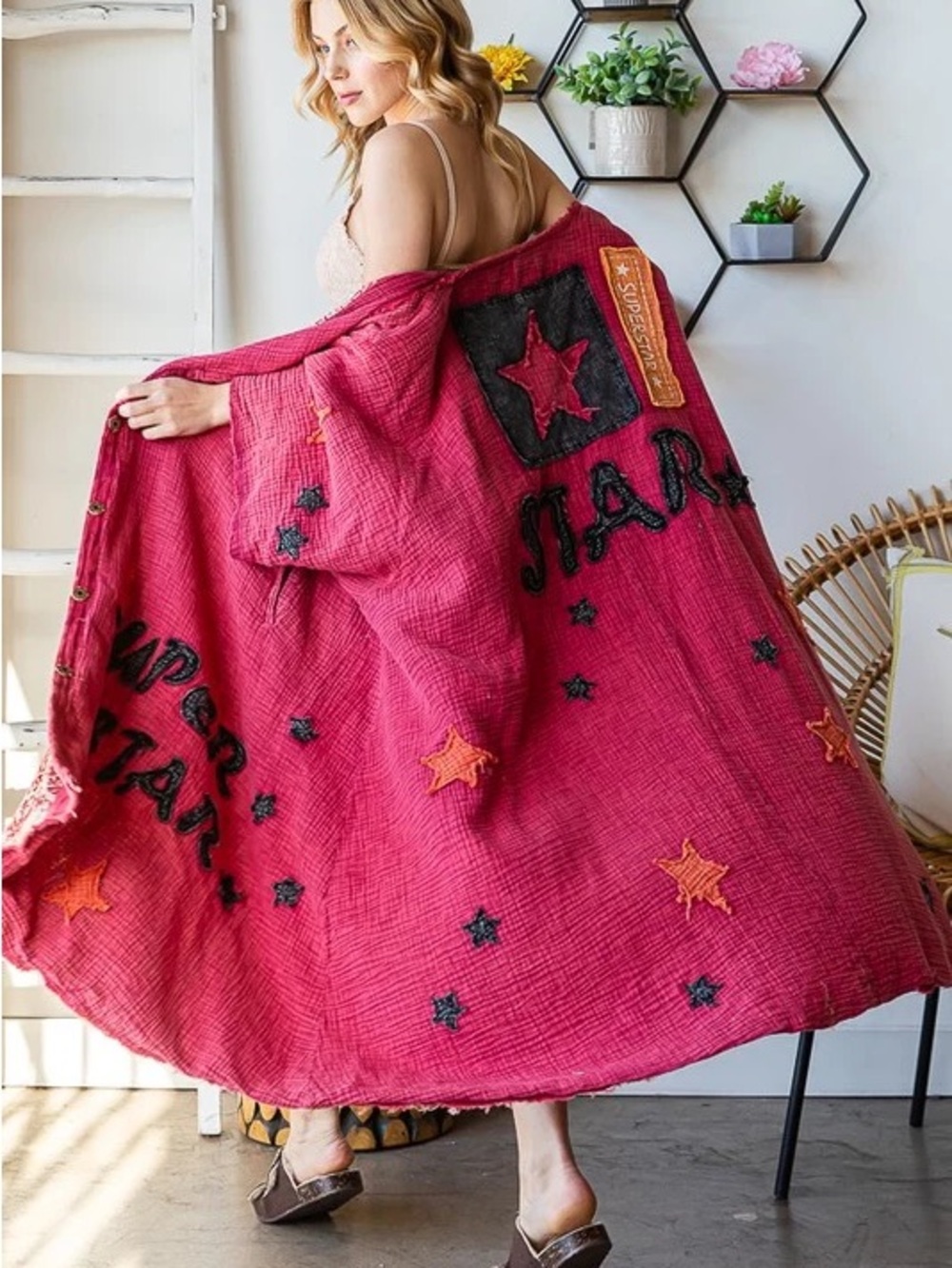 Oli & Hali Washed Star Patchwork Detail Button Front Duster in Berry
